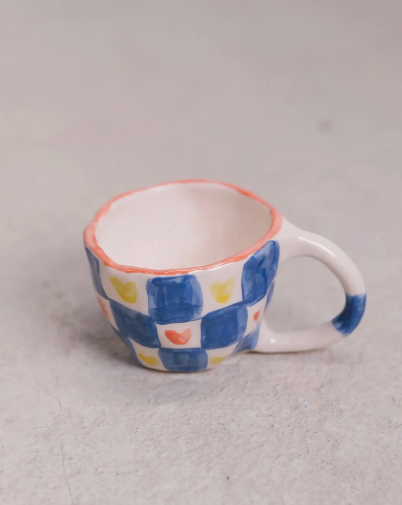 Handmade Ceramic Tea or Coffee Mug / Blue Check