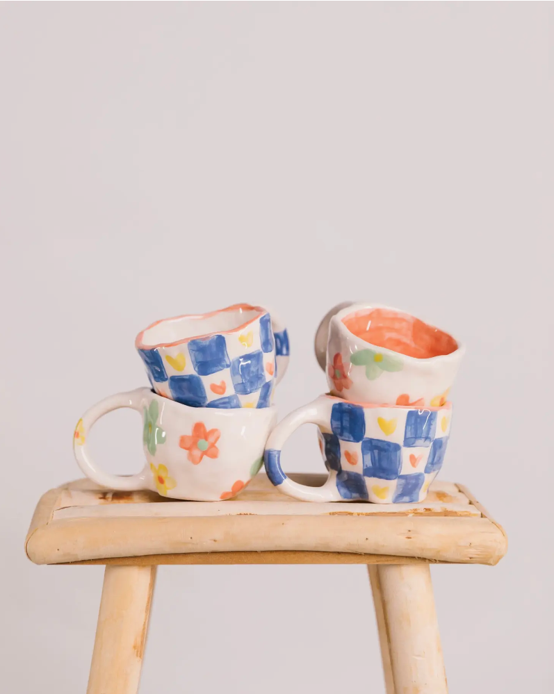 Handmade Ceramic Tea or Coffee Mug / Blue Check