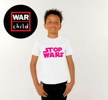 Load image into Gallery viewer, Kids Stop Wars Organic Cotton T-Shirt For War Child/ Fluro Pink
