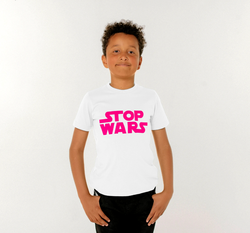 Kids Stop Wars Organic Cotton T-Shirt For War Child/ Fluro Pink