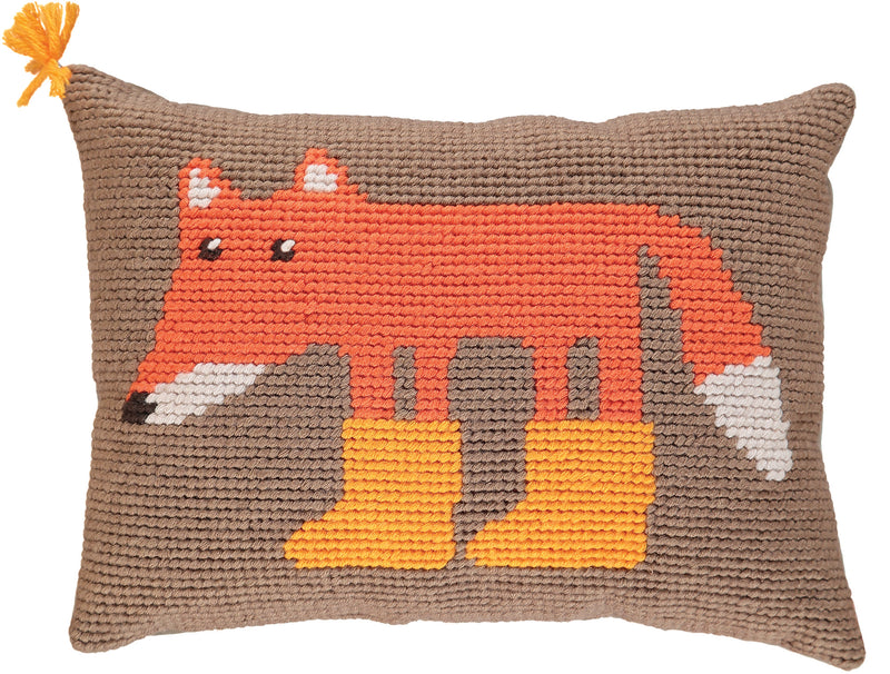 Coussin Brodé Main / Renard à bottes 30cm X 40cm