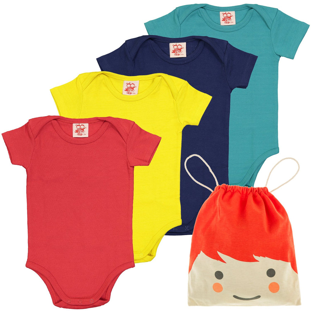 ESSENTIAL Baby Unisex Plain Organic Cotton Bodies (Pack of 4)/Navy, Bright Red, Sun, Teal 