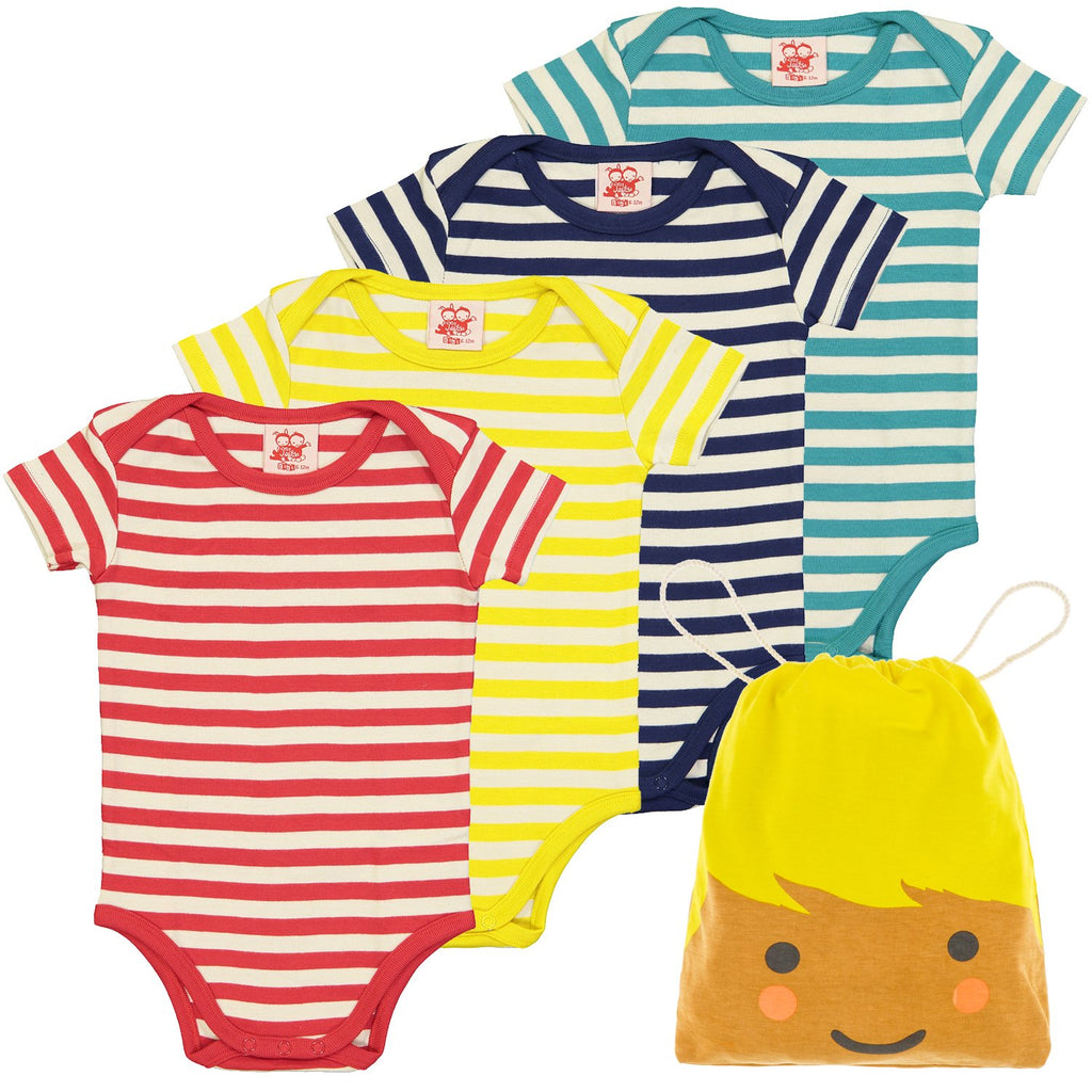 ESSENTIAL Baby Unisex Striped Organic Cotton Bodies (Pack of 4)/Navy, Bright Red, Sun, Teal 