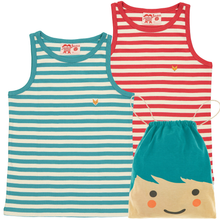 Load image into Gallery viewer,  pack of striped Organic Cotton vest tops with cute draw string bag
