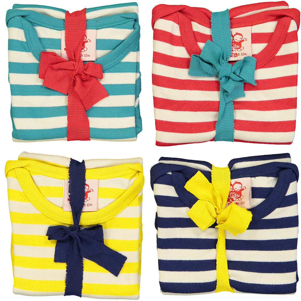 ESSENTIAL Baby Unisex Striped Organic Cotton Bodies (Pack of 4)/Navy, Bright Red, Sun, Teal