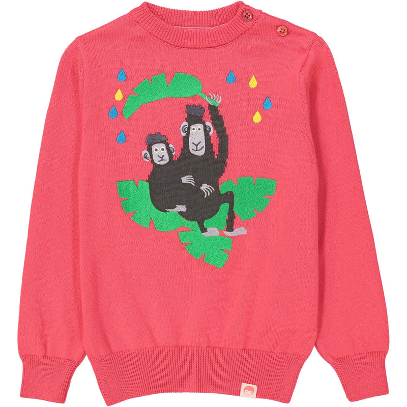 PERU animal jacquard knit jumper/Raspberry (Monkeys)